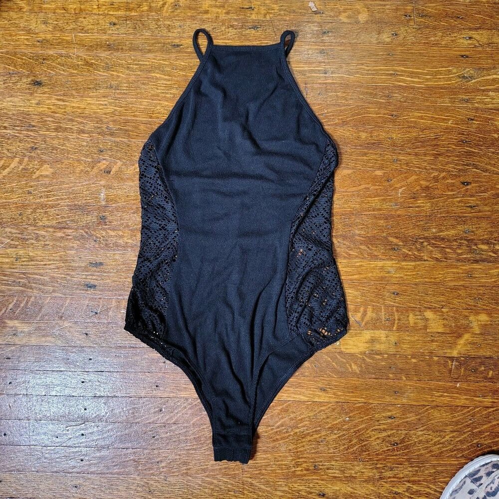 Victorias Secret Black Poly Viscose Lastime Bodysuit Crochet Lace Sides XS/T73